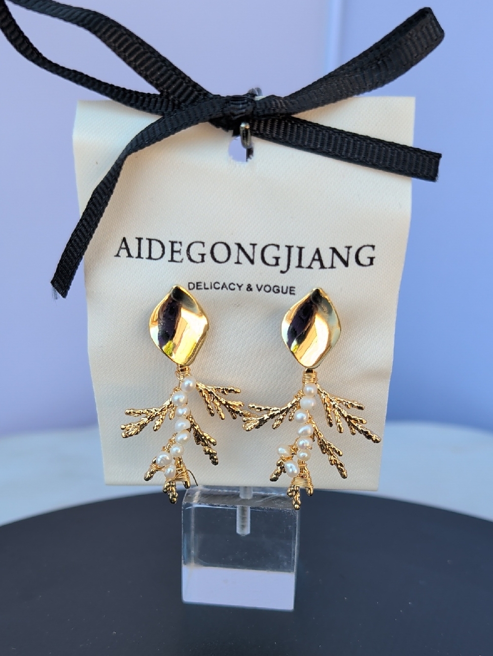 Aidegongang Gold Pearl Branch Drop Earrings Gold Plated